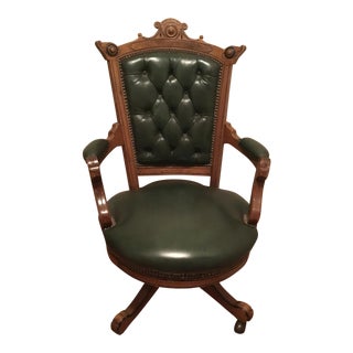 American Renaissance Revival Walnut & Green Leather Swivel Chair For Sale