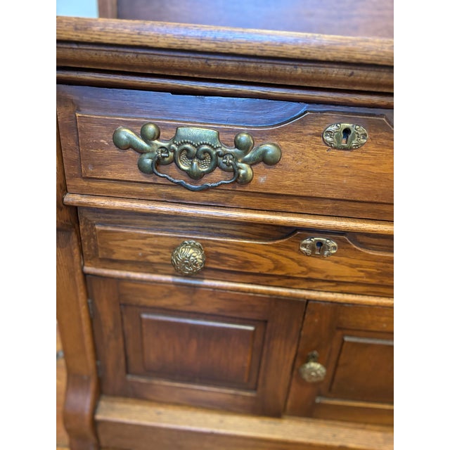 Oak Commode Early American 20th Century With Brass Hardware and Towel Rack For Sale - Image 11 of 11