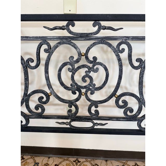 Forged Iron Canopy Queen Four Poster Bed With Scrollwork and Brass Finials For Sale - Image 10 of 10
