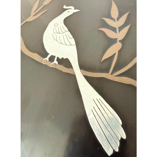 Wood Vintage Chinoiserie Lacquer Panel Featuring a Decorative Metal Inlay of a Crested Bird Perched on a Pomegranate Branch For Sale - Image 7 of 12