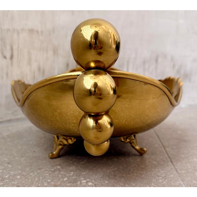Mid-Century Modern Antique Early 20th Century Solid Brass Mexican Decorative Jardinière or Centerpiece Bowl, Footed Base, Ornate Spherical Handles, & Floral Decorations For Sale - Image 3 of 12