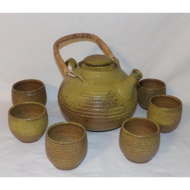 Wood Vintage McMillin Chartreuse Studio Pottery Tea Set Hand Made Hand Thrown Pottery- 8 Pieces For Sale - Image 7 of 13