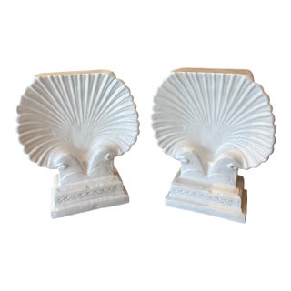 Vtg. Pair Palm Beach Coastal Concrete Scalloped Shell Seashell White Dining Table Bases For Sale