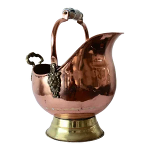 English Victorian Helmet Style Copper Brass Coal Scuttle Bucket Planter Ceramic Handle Lion Head Detail Vintage