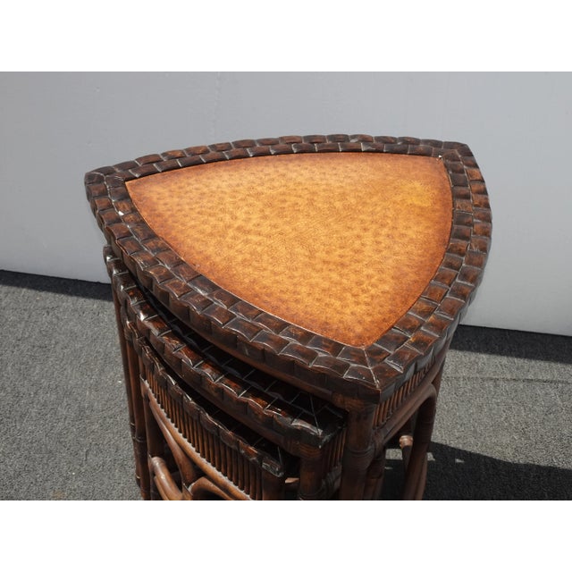 Brown Set of Three Vintage Bamboo Coastal Rattan Leather Ostrich Nesting Tables Lh2 For Sale - Image 8 of 12