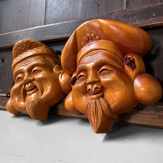 Mid-Century Modern Vintage Japanese Wooden Masks, 1960s, Set of 2 For Sale - Image 3 of 9