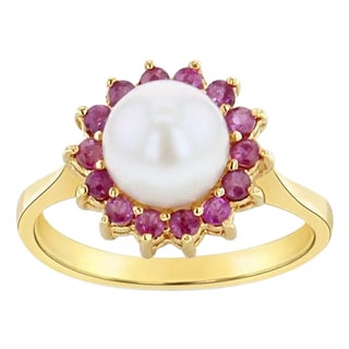 Freshwater Pearl & Ruby Halo Ring 14k Yellow Gold, Size 9 For Sale
