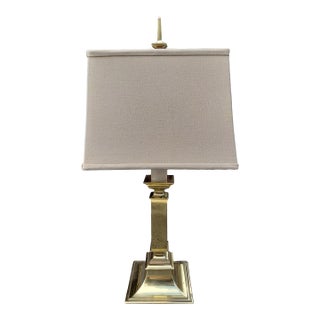 Vintage Stiffel Polished Brass Table Lamp With New Linen Shade For Sale