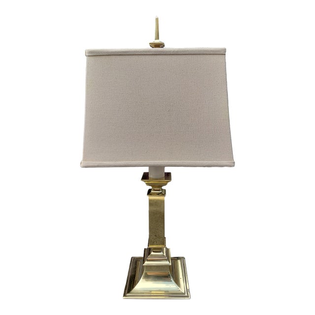 Vintage Stiffel Polished Brass Table Lamp With New Linen Shade For Sale