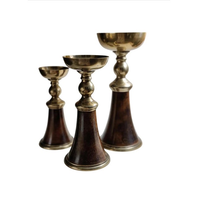 Set of 3 Large Brass and Faux Tortoiseshell Candle Holders For Sale - Image 4 of 4