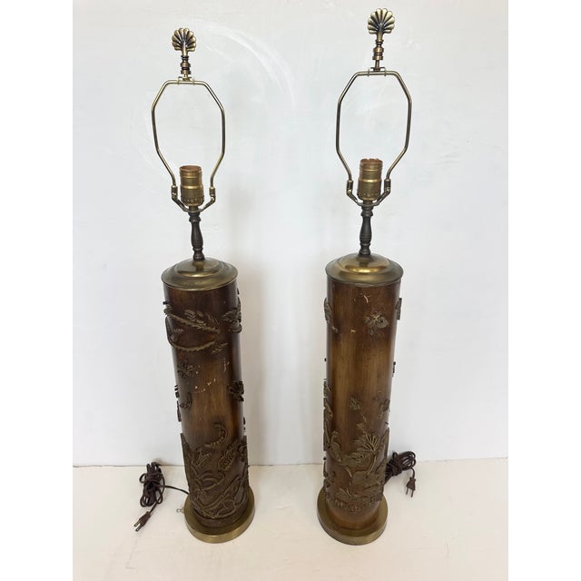 Traditional Vintage Wood and Metal Wallpaper Roller Table Lamps -a Pair For Sale - Image 3 of 14
