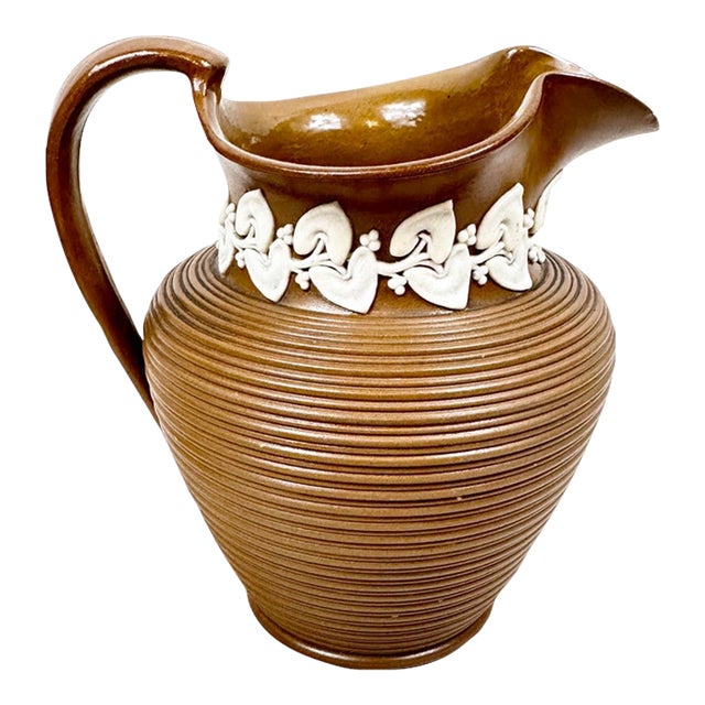 Late 19th Century French Brown Stoneware Bistro Pitcher With Relief Label For Sale