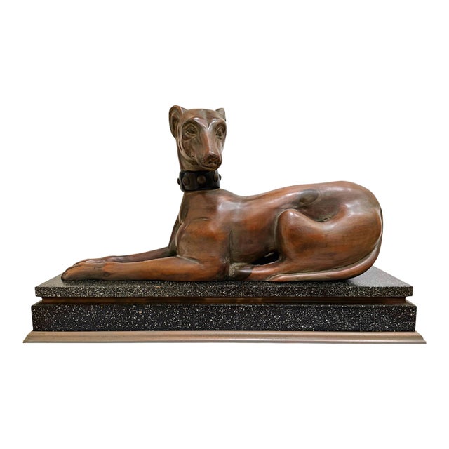 Italian Greyhound Dog Hand Carved Wood Sculpture on Stand For Sale