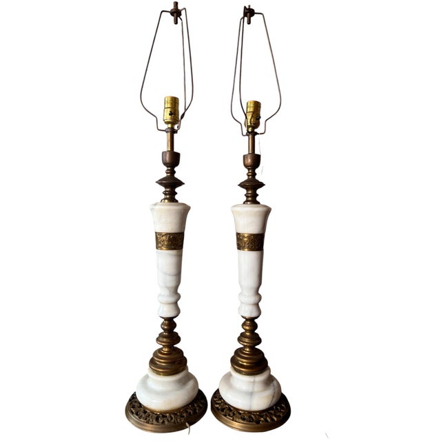 Art Deco Vintage Hollywood Regency Marble and Brass Table Lamps - a Pair For Sale - Image 3 of 7