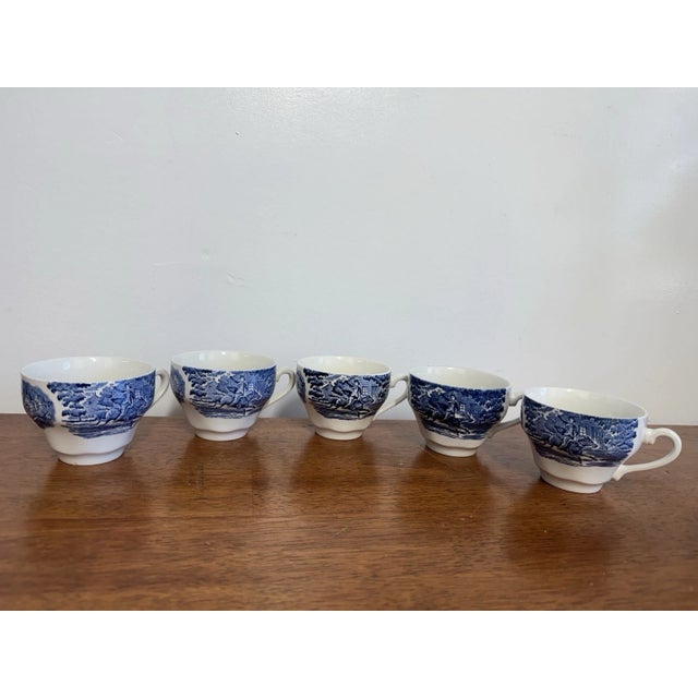 Vintage 9-piece Liberty Blue “Historic Colonial Scenes” Betsy Ross tea set made in England. Includes teacups, creamers,...