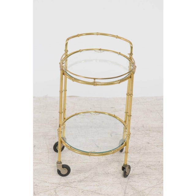 French Midcentury Brass Two-Tiered Oval Cart with Glass Shelves and Casters For Sale In Atlanta - Image 6 of 8
