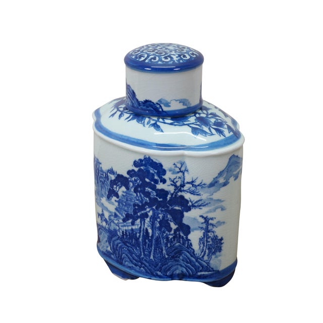 Chinoiserie Chinese Chinoiserie Blue & White Pagoda Mountain Landscape Tea Caddy 11" For Sale - Image 3 of 16