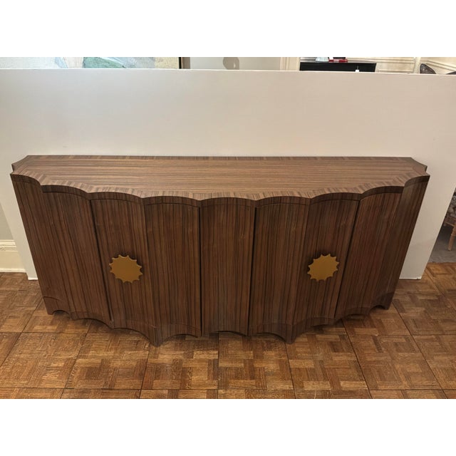Stylish Revelation Grand Flute 4 Door Cabinet. Brown wood, gold hardware, fluted front. Original Retail $7275. Showroom...