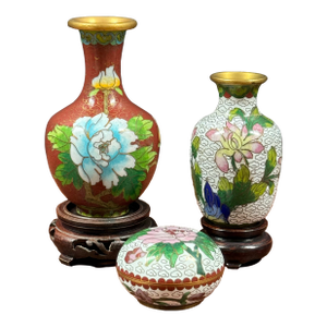 Vintage Chinese Cloisonné Set of Two Vases & One Round Box