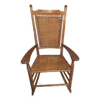 Antique Oak Rocking Chair With Woven Splint Seat and Back For Sale