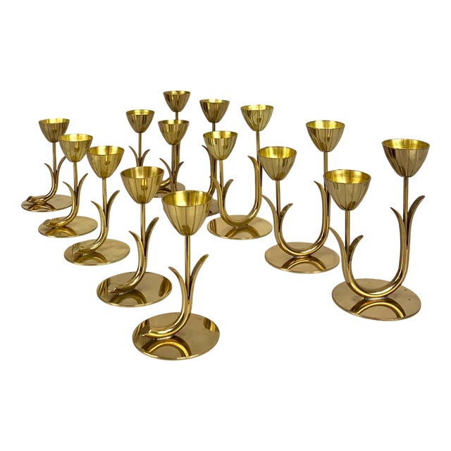 Scandinavian Brass Candlesticks by Gunnar Ander for Ystad Metall, Sweden, 1960s, Set of 10 For Sale