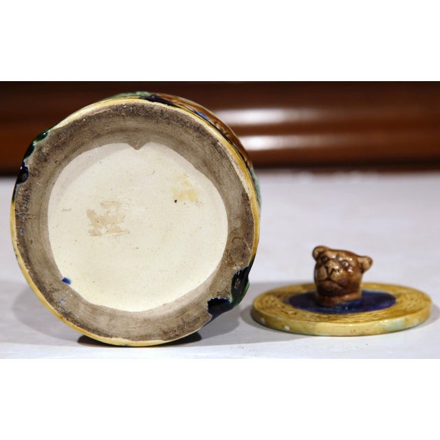 19th Century French Painted Ceramic Barbotine Sugar Bowl With Lid and Cow Decor For Sale - Image 9 of 9