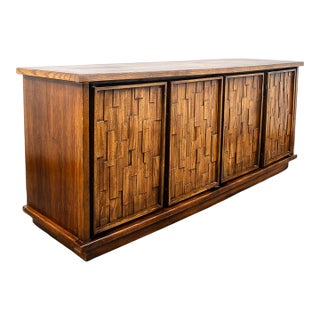 Mid Century Modern Credenza Dresser Cabinet Oak Brutalist 8 Drawer Wood MCM For Sale