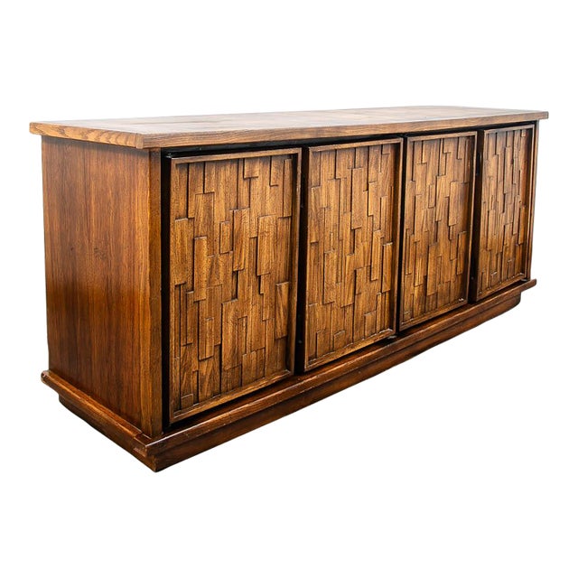 Mid Century Modern Credenza Dresser Cabinet Oak Brutalist 8 Drawer Wood MCM For Sale