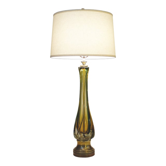 1970s XXL Murano Sommerso Thick Swirl Art Glass Brass Table Lamp Barovier Toso Italy For Sale