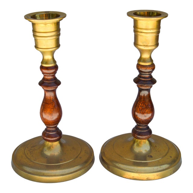 Vintage Handmade Moroccan Brass & Wooden Candlesticks, S/2 For Sale