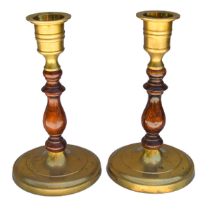 Vintage Handmade Moroccan Brass & Wooden Candlesticks, S/2