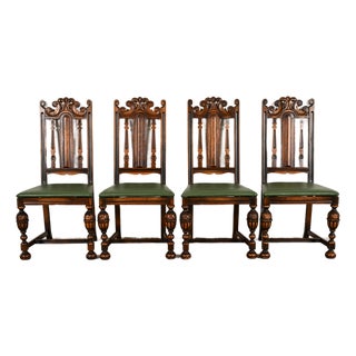 Berkey & Gay Antique English Jacobean Carved Walnut Dining Chairs, Set of Four For Sale