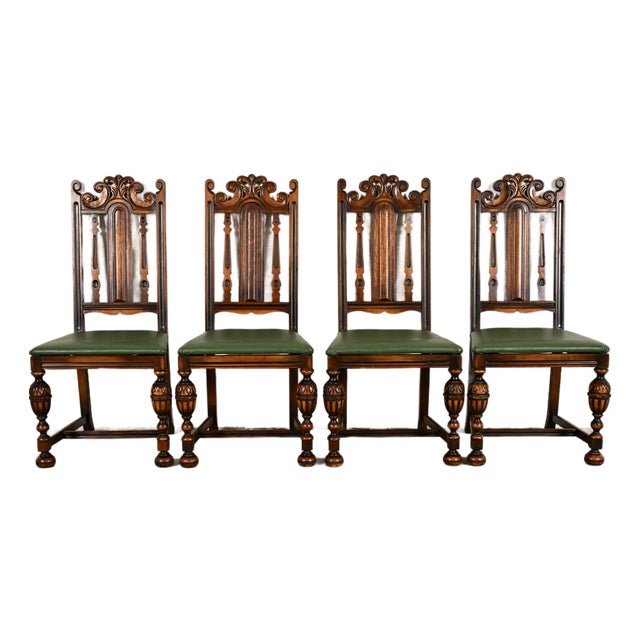 Berkey & Gay Antique English Jacobean Carved Walnut Dining Chairs, Set of Four For Sale