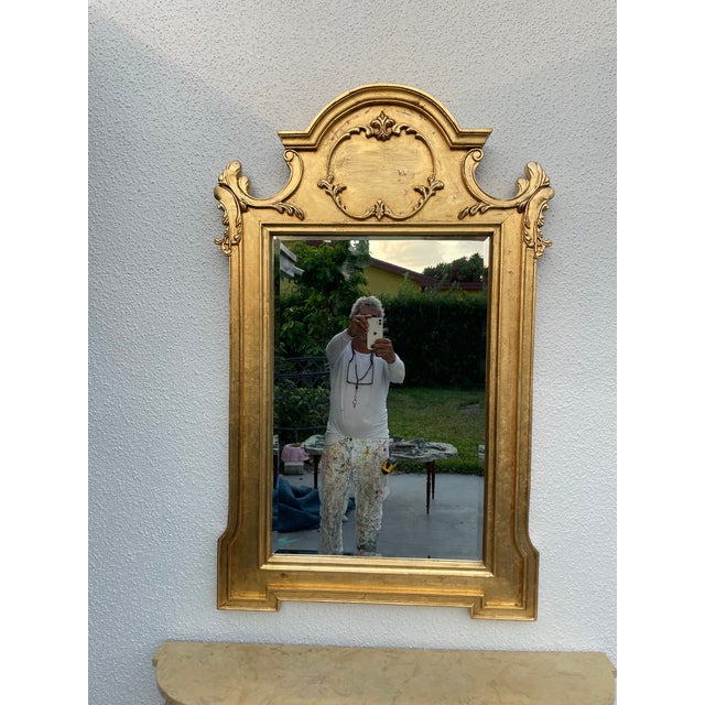 Gold 1950s Restored Neoclassical Gilt Console Table & Mirror Set With Polished Stone Top | Hand-Finished Gold Leaf For Sale - Image 8 of 9