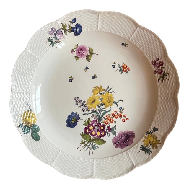 Antique 18th Century Meissen Porcelain Charger Deep Dish Platter With Basketweave Border and Floral Bouquets For Sale