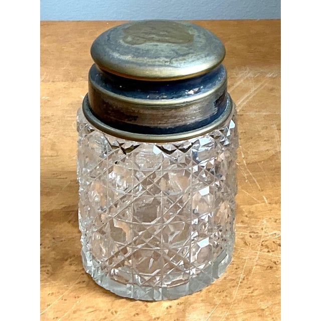 Metal Antique Monogrammed Metal Topped Glass Vanity Jar For Sale - Image 7 of 18