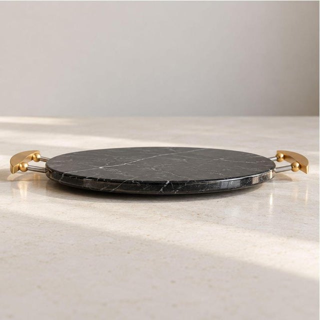 Late 20th Century Round Tray in Black Marquina Marble and Brass by La Galleria, 1990s For Sale - Image 5 of 9