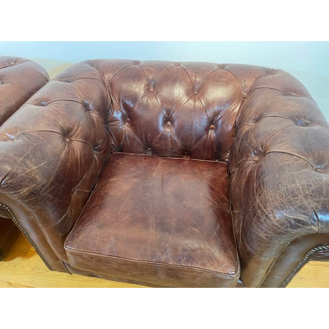 Vintage English Brown Leather Tufted Chesterfield Club Armchairs a Pair ...