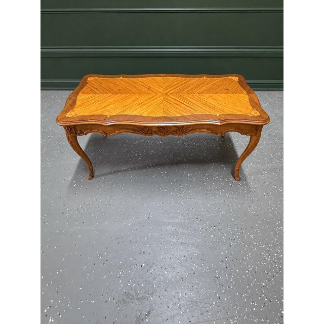 Vintage Louis XV Style Carved Walnut Marquetry & Parquetry Coffee Table For Sale - Image 12 of 12