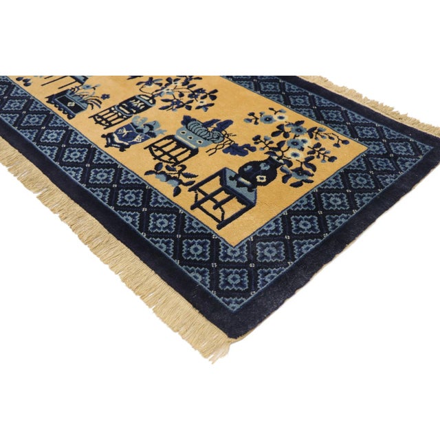 vintage Chinese Baotou Vase Pictorial rug with Chinese Chippendale style. This hand-knotted wool vintage Chinese Baotou...