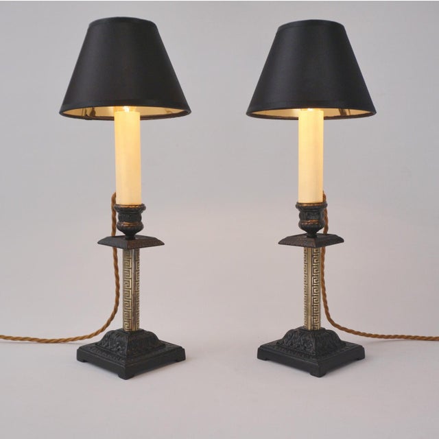 1890's English Antique Candlestick Table Lamps, Aesthetic Movement, Iron & Brass - A Pair - Rewired For Sale - Image 6 of 15