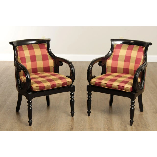 High Quality Pair of Barrel Back Ebonized Wood Frame Arm Chairs with Custom Upholstery