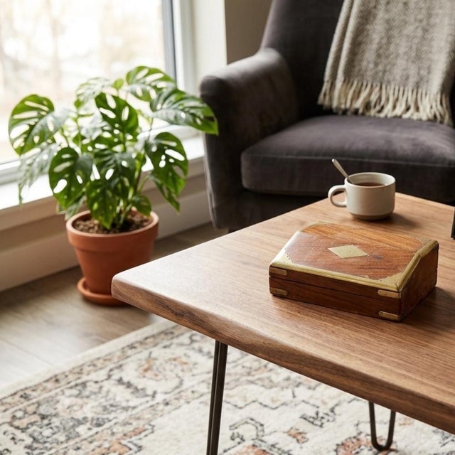 Small wooden box dating to the 1930s, with a diamond-shaped brass inlay centred on the lid and brass trim at the corners...