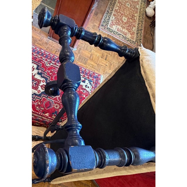 Early 20Thc Blue Painted Base & Linen Covered Seat For Sale - Image 11 of 11