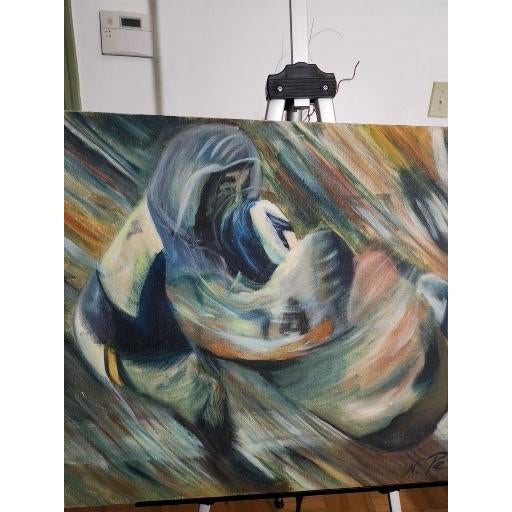 Navy Blue 1950s Realism Lyrical Abstraction "Dynamic Embrace" Painting by N. Patteson For Sale - Image 8 of 8