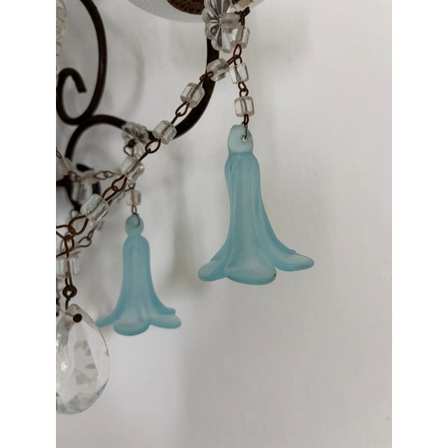 Aqua C 1930 Aqua Blue Murano Bell Flowers Crystal Prisms Sconces One of a Kind For Sale - Image 8 of 11