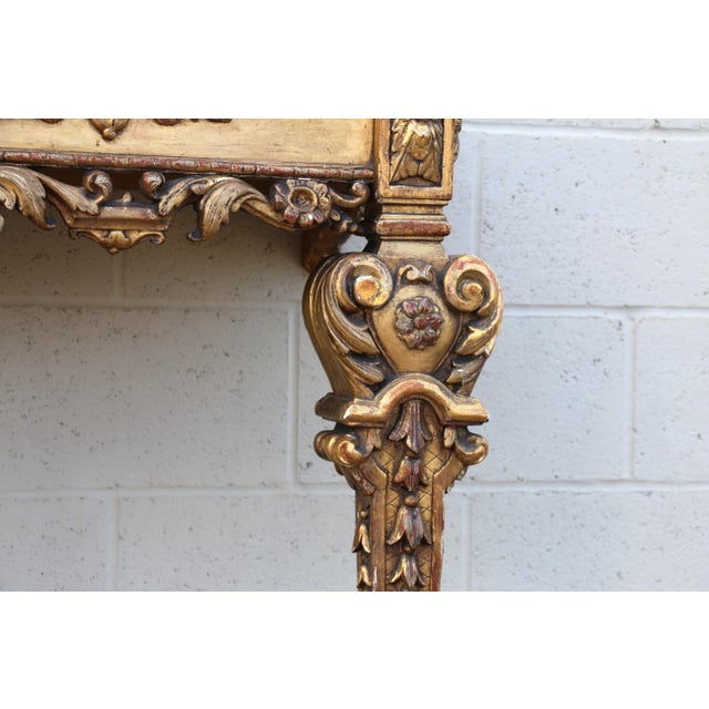 Antique Italian Baroque Giltwood Console Tables With Breccia Marble Tops | Pair | Circa 1900s For Sale - Image 11 of 18