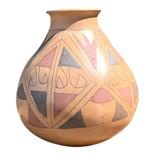 Vintage Hand-Painted Geometric Pottery Vase For Sale