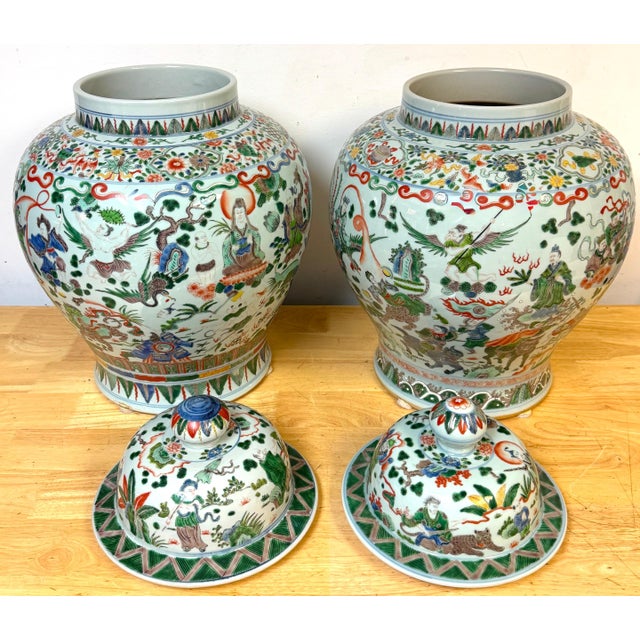Late 19th Century Pair Monumental Chinese Famille Verte Buddhist Ginger Jars, Late Qing Dynasty For Sale - Image 5 of 18