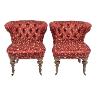 Pair of Chinoiserie Tufted Red Barrel Back Slipper Chairs For Sale